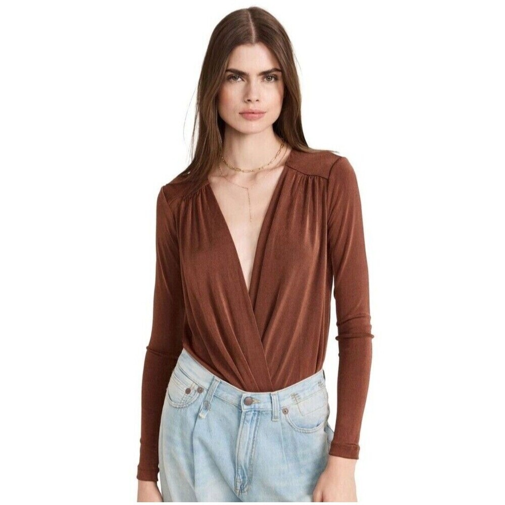 Intimately Free People Turnt Bodysuit‎ Long Sleeve Draped Thong Brown Size S